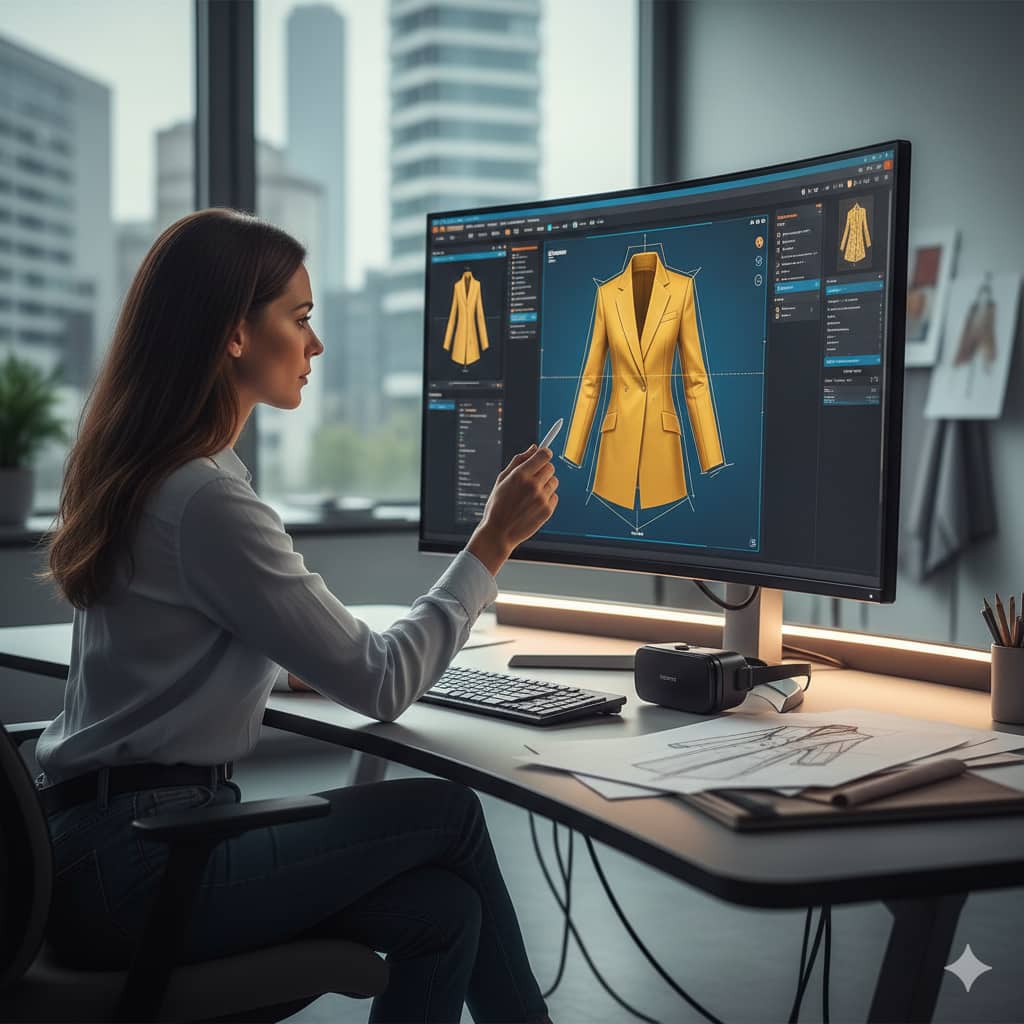 KI generiertes Bild das eine Person vor dem Bildschirm zeigt wie die Modeindustrie durch die Digitalisierung geprägt wird