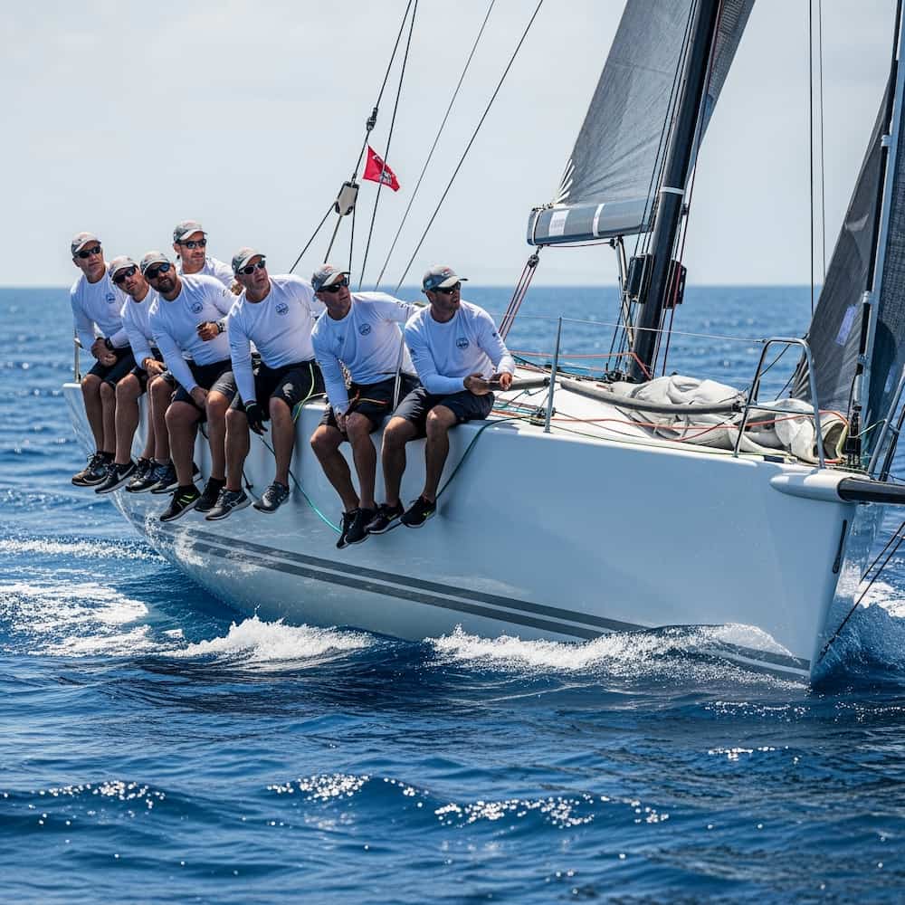 Eine Gruppe Sportsegler in einheitlicher Sportbekleidung von FibreFusion