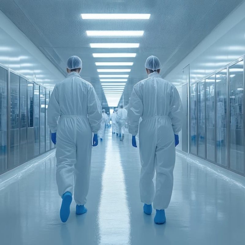 Mitarbeiter eines Labor beim Weg zur Arbeit